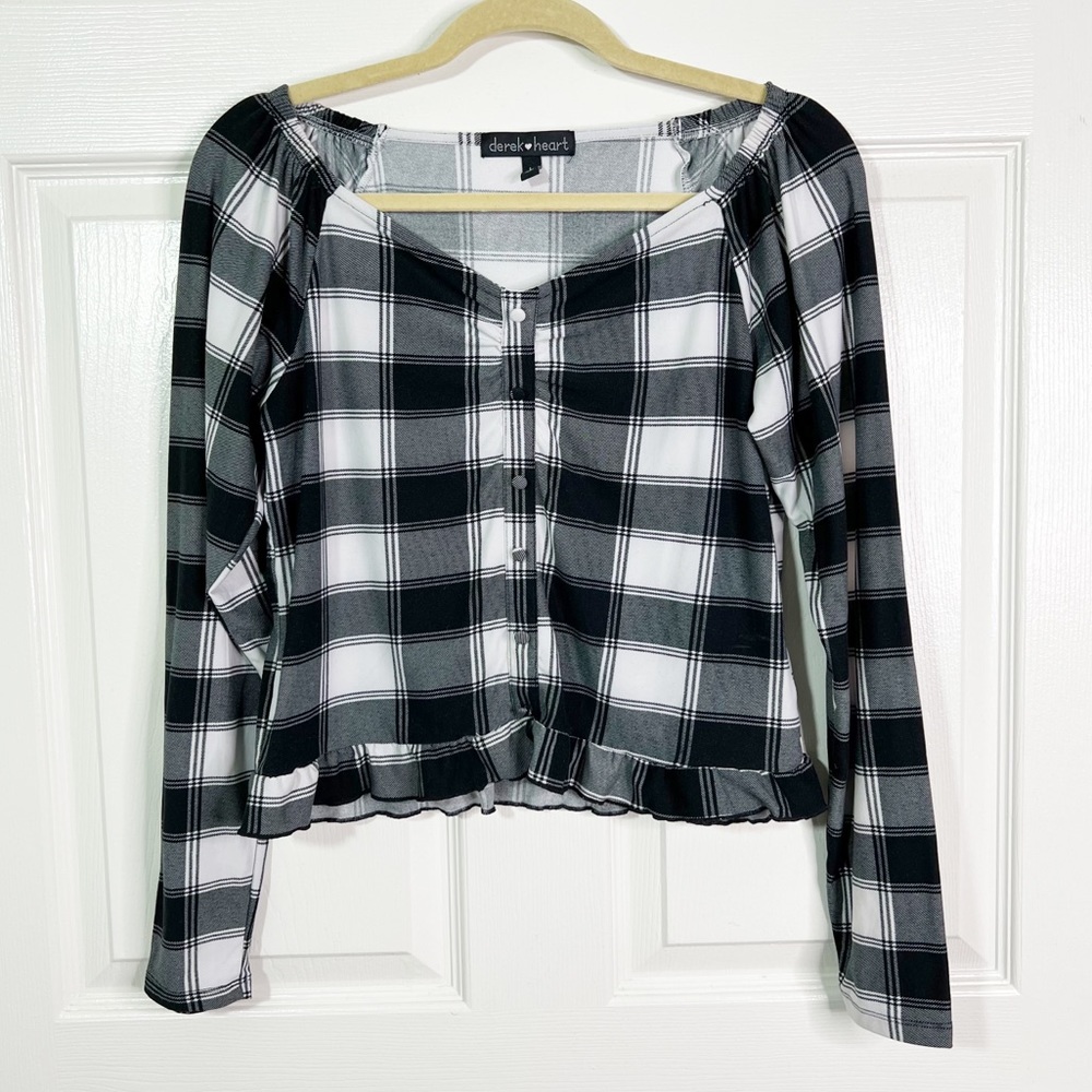 Derek Heart Off the Shoulder Cropped B&W Plaid Ruffle Hem Top Size L